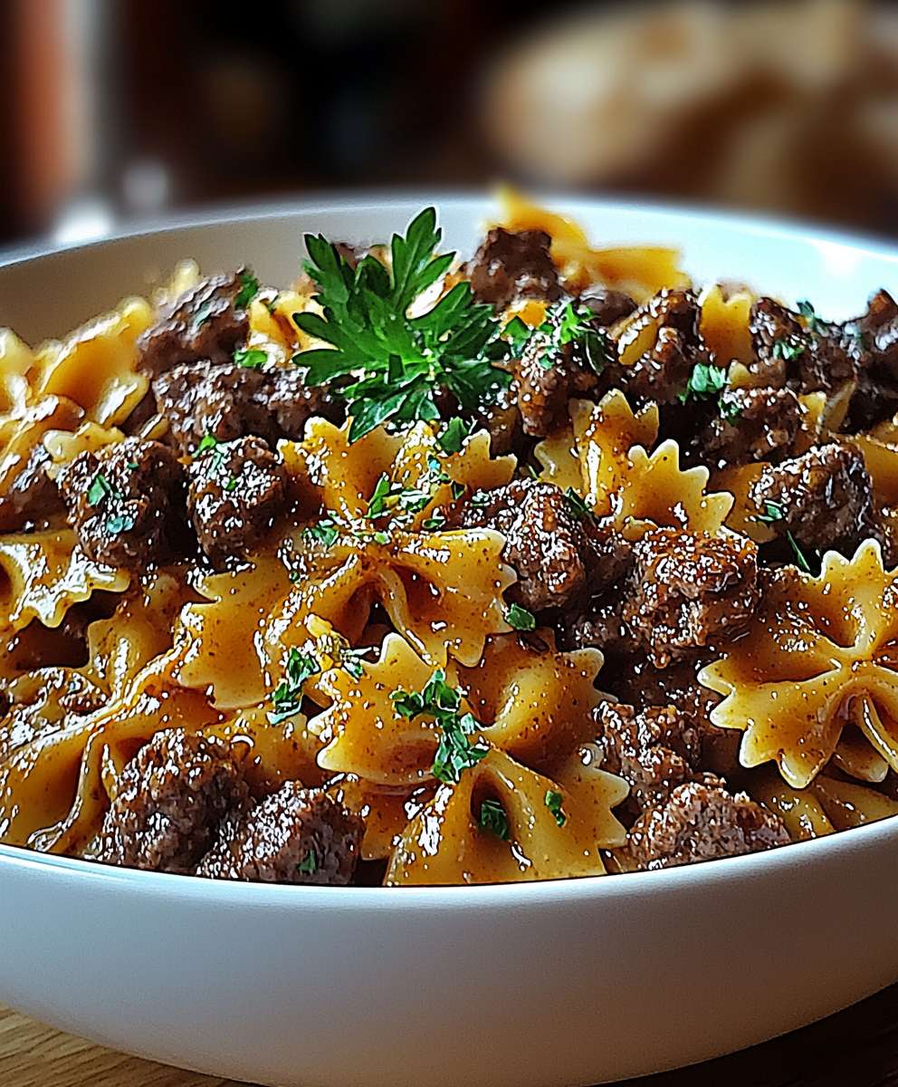 Cheesy beef bowtie pasta