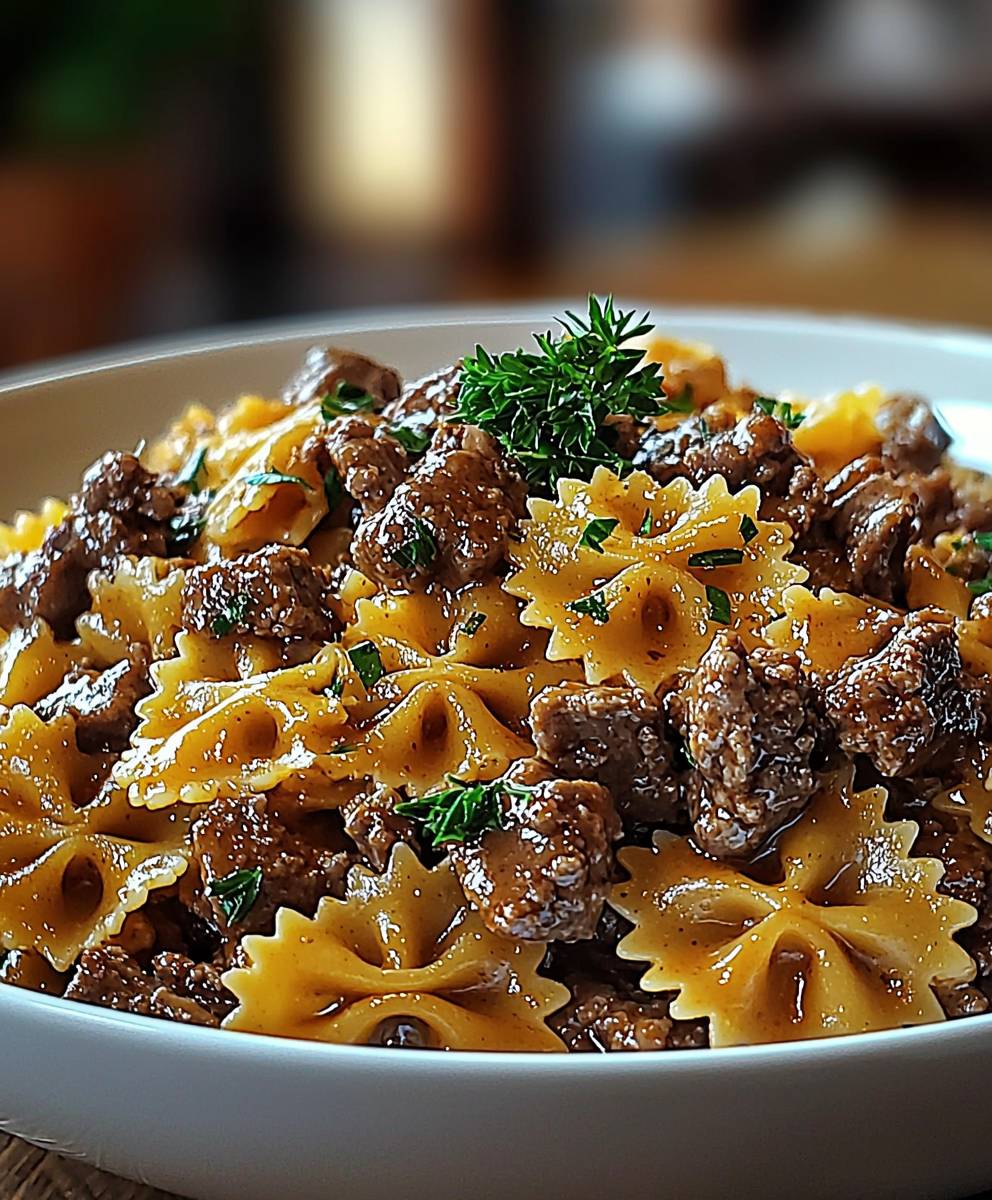 Cheesy beef bowtie pasta