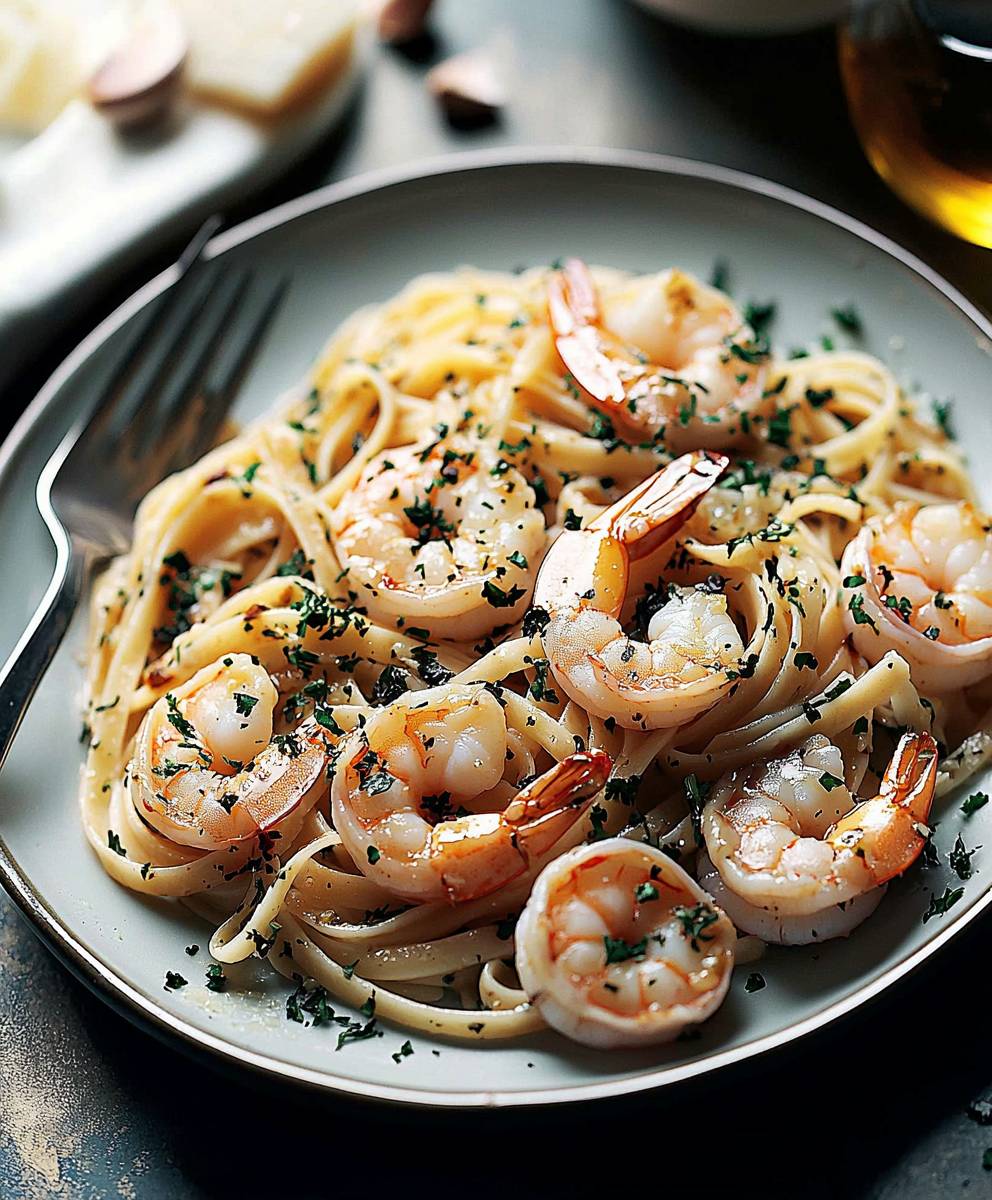 Garlic butter shrimp linguine
