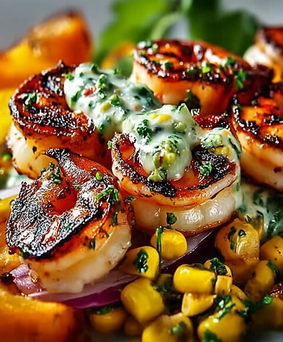 Grilled prawns avocado corn