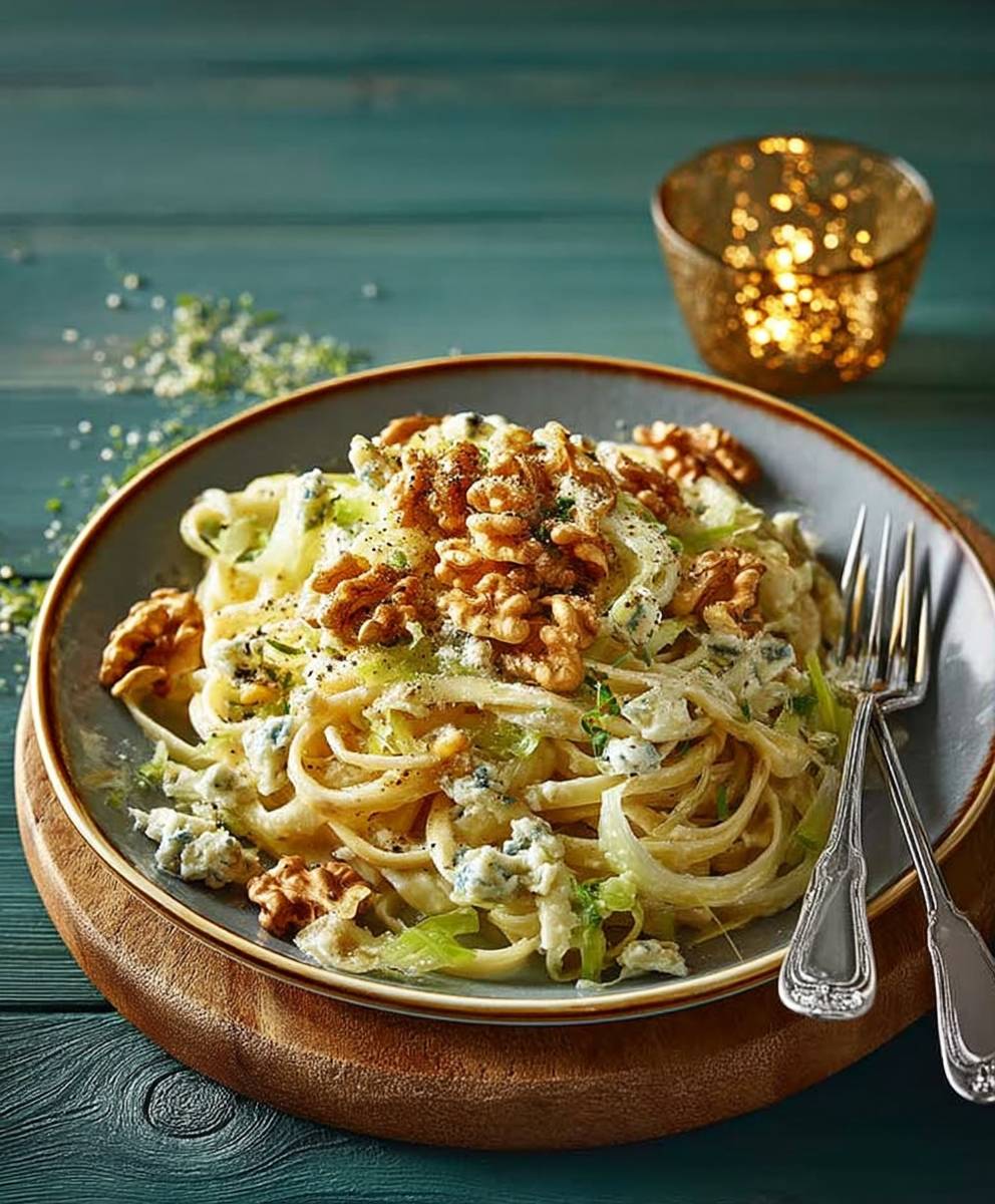 Gorgonzola leek walnut linguine