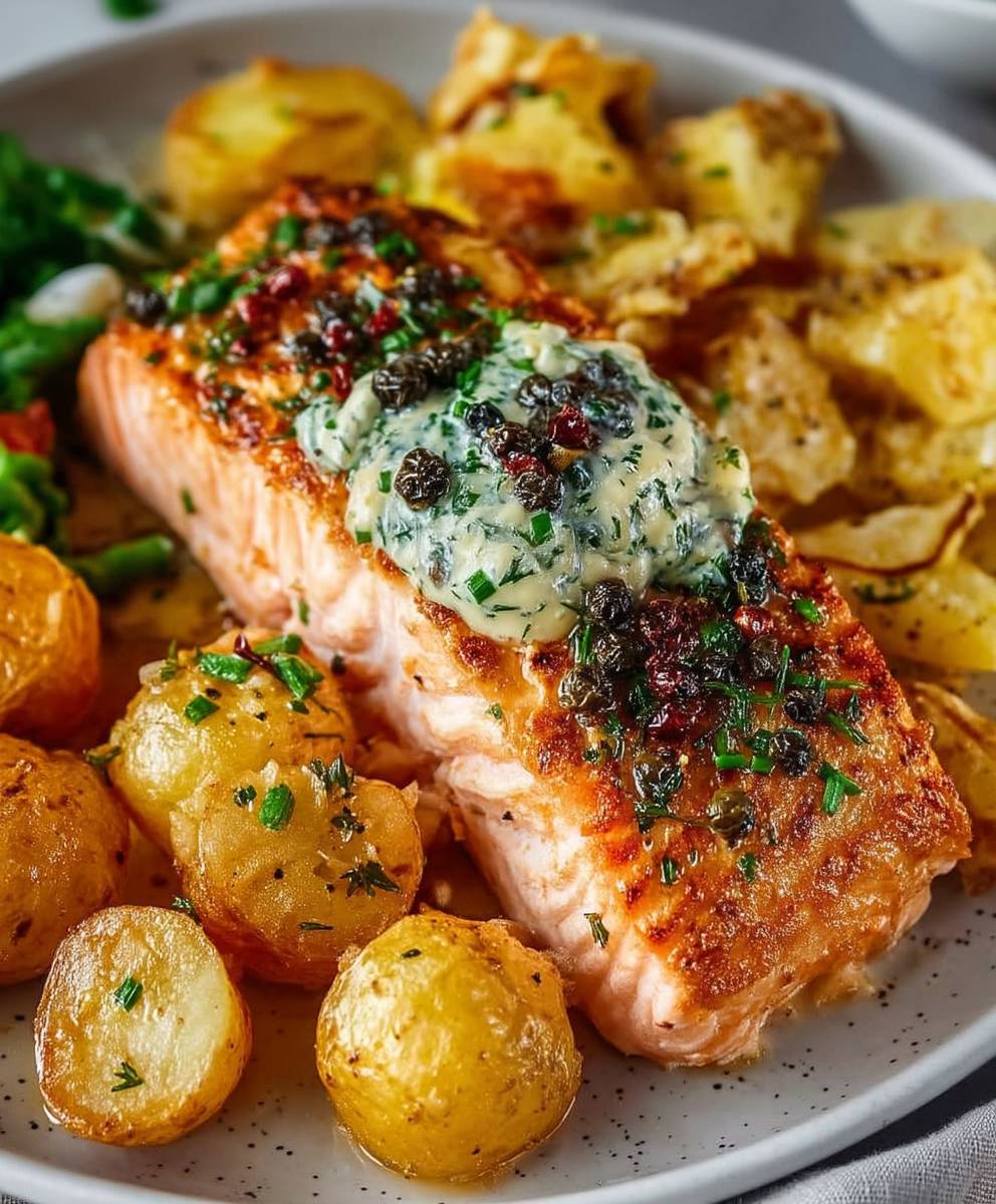 Dijon Salmon Crispy Potatoes