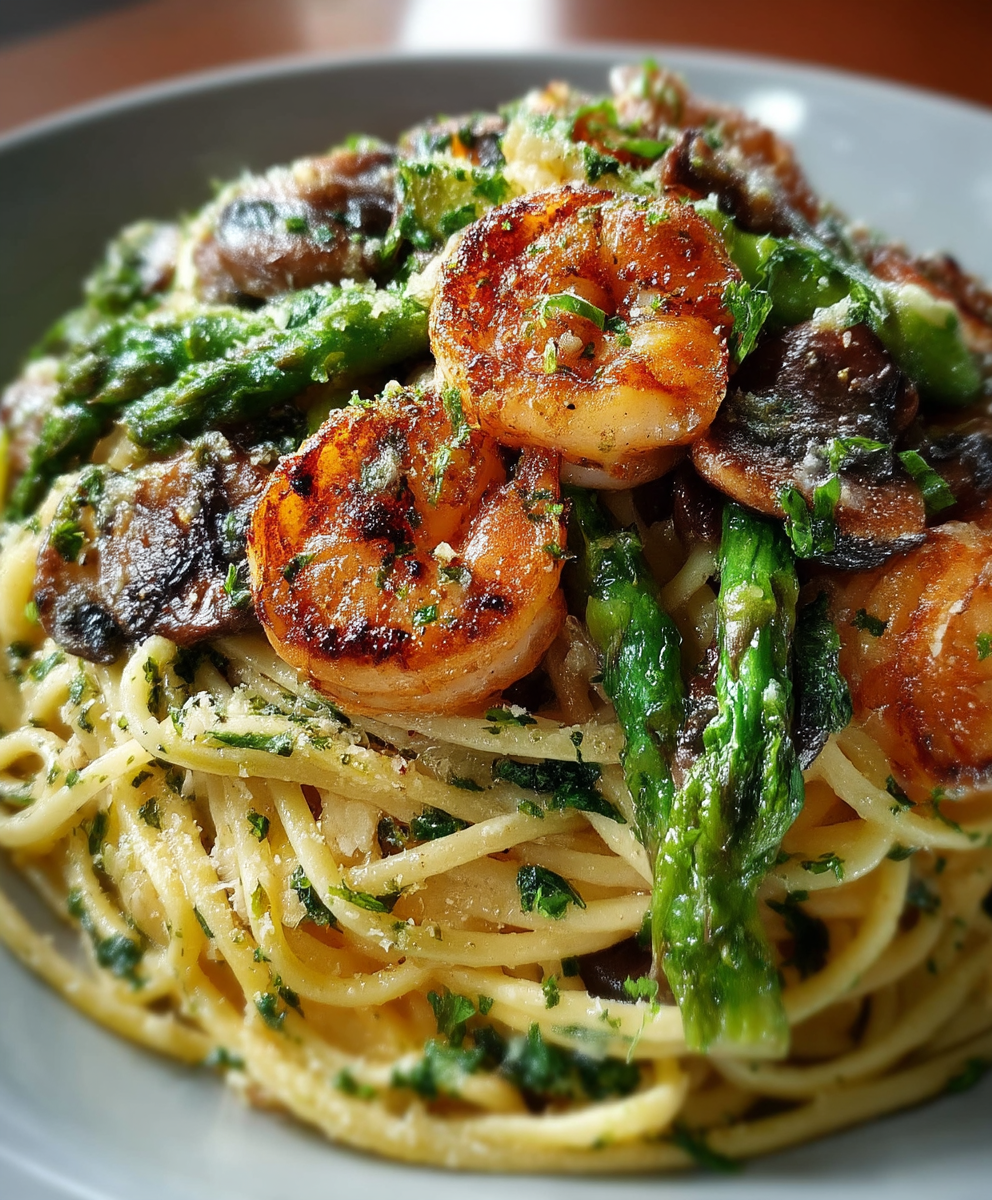 Shrimp Asparagus Mushroom Pasta