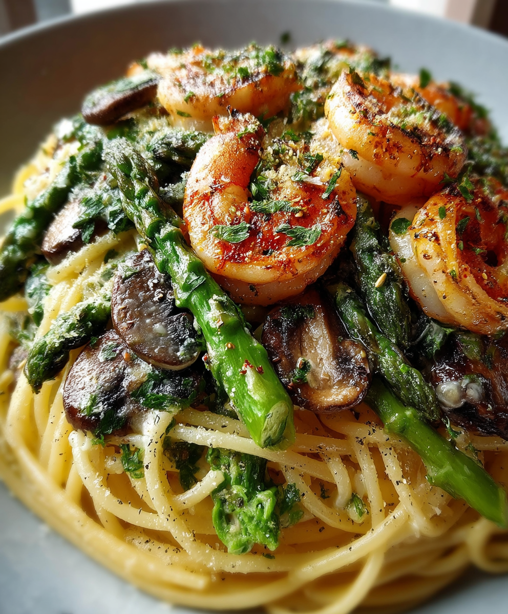 Shrimp Asparagus Mushroom Pasta